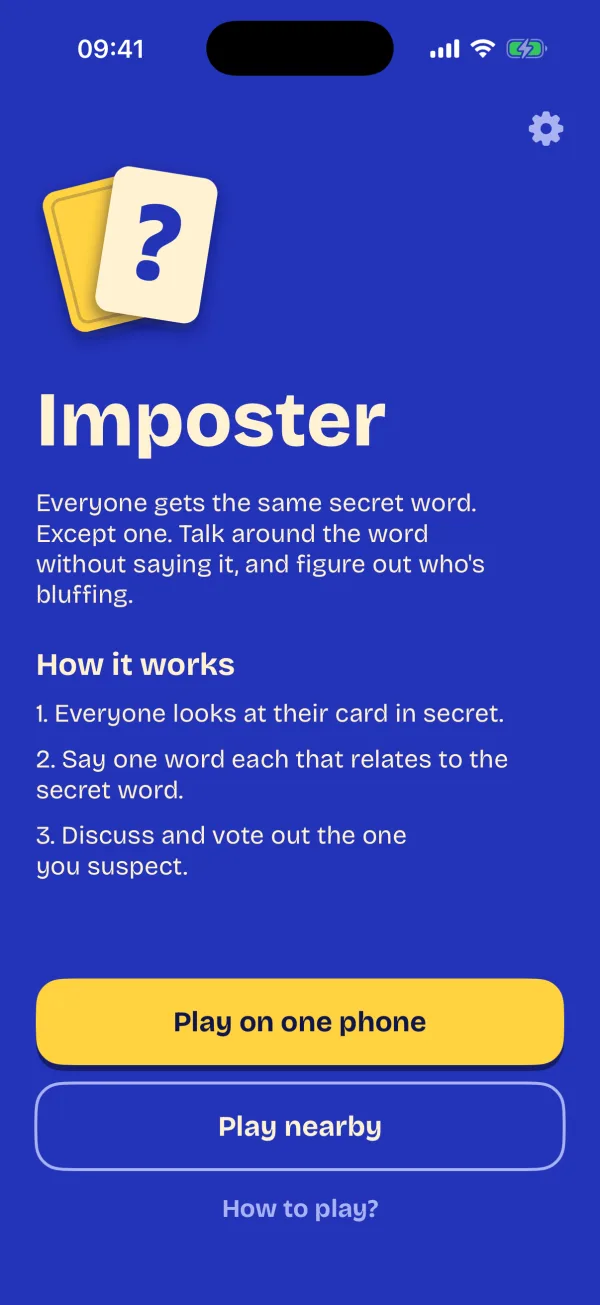 The Imposter home screen with the two-card logo and buttons to play on one phone or play nearby