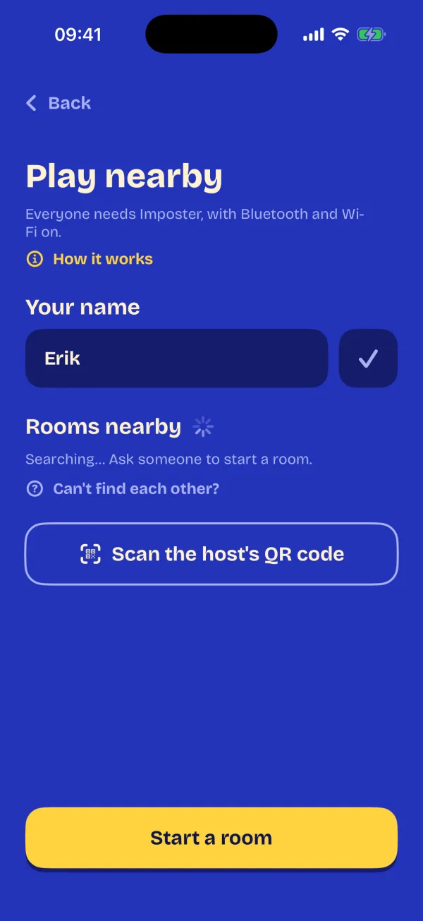 Play nearby: enter your name, find rooms nearby or scan the host's QR code