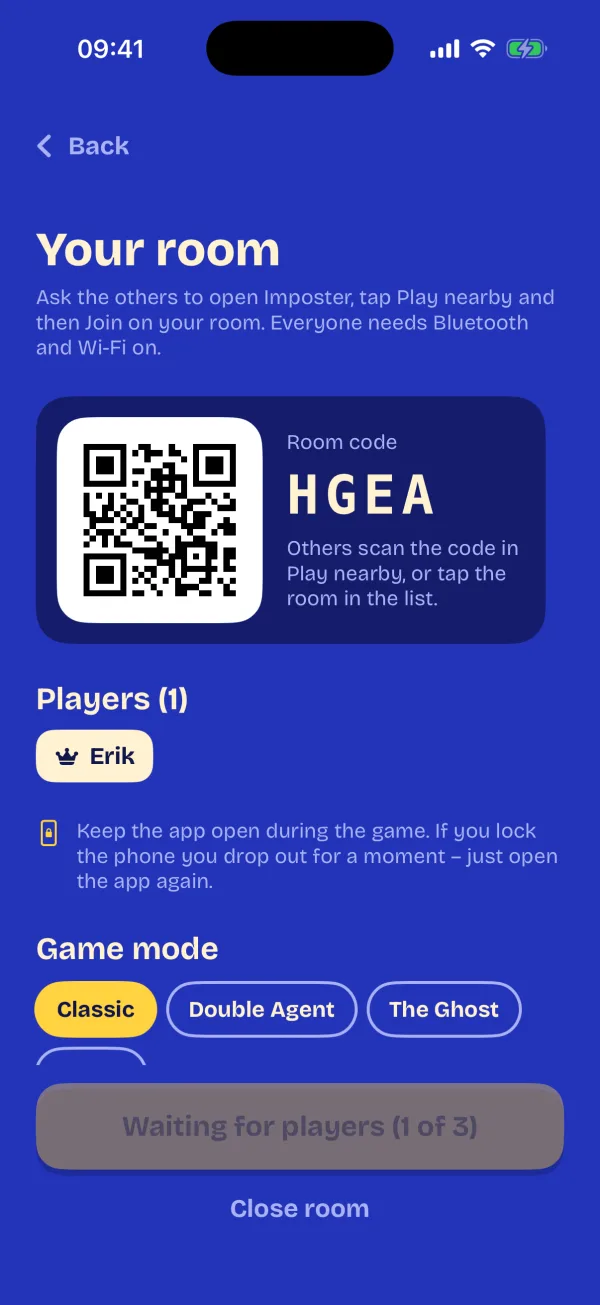 The host's room with its QR code and room code for the others to join