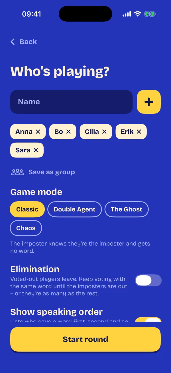 Setting up a game: five players, the four game modes, elimination and speaking order