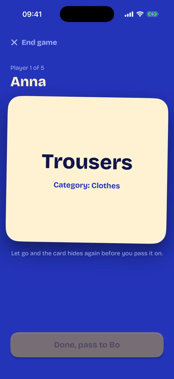 A revealed card with the secret word Trousers in the Clothes category