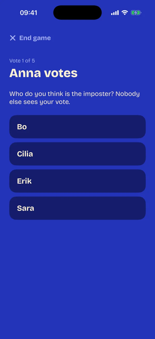 Secret voting: a player picks who they think the imposter is