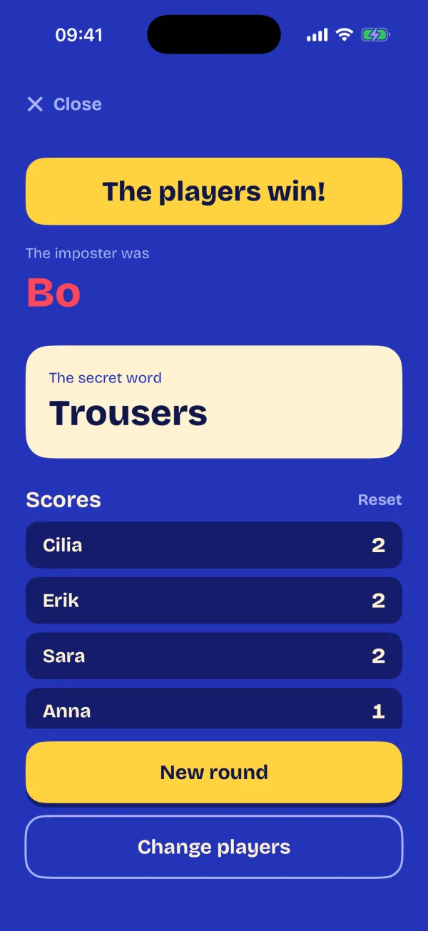 The result with the secret word and the scores for every player