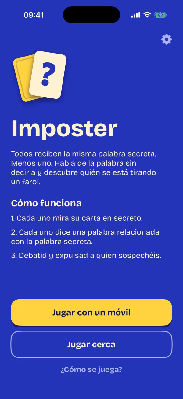 La pantalla de inicio de Imposter con el logo de las dos cartas y botones para jugar con un móvil o jugar cerca