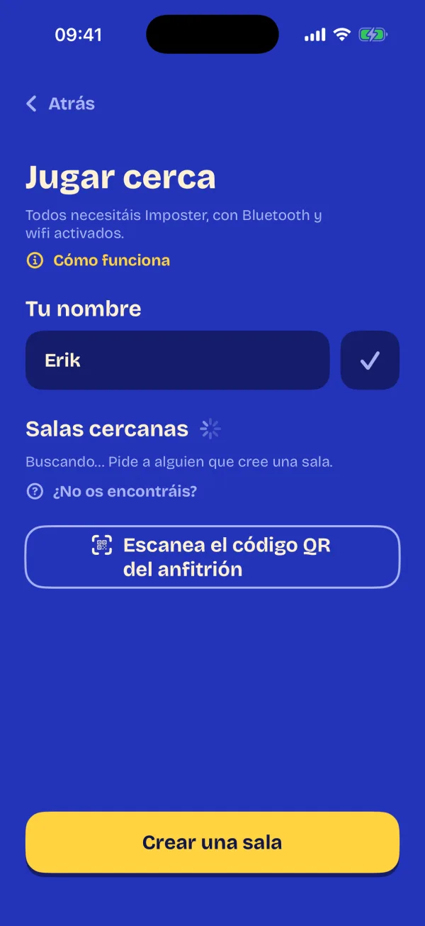 Jugar cerca: escribe tu nombre, busca salas cercanas o escanea el código QR del anfitrión