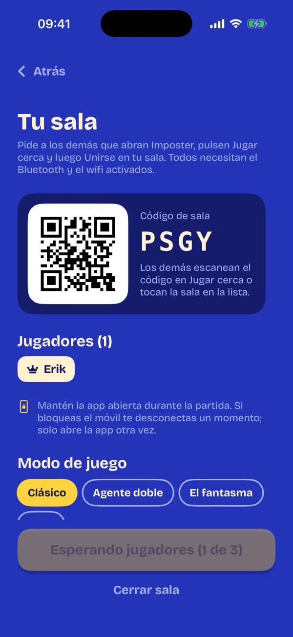 La sala del anfitrión con su código QR y el código de sala para que los demás se unan