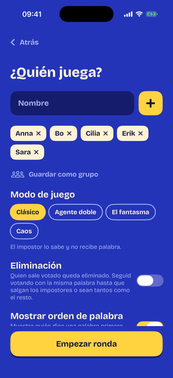Preparar una partida: cinco jugadores, los cuatro modos, eliminación y orden de turno