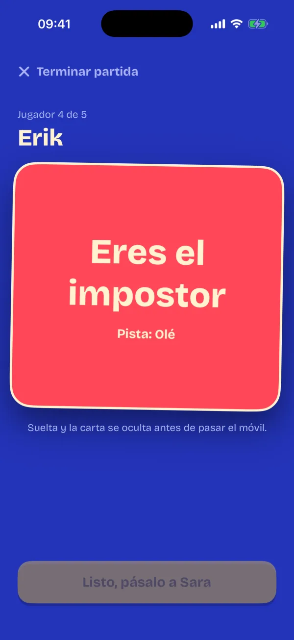 La carta del impostor, que dice Eres el impostor y muestra una pista