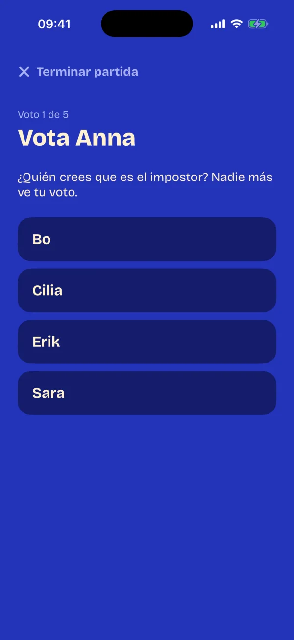 Voto secreto: un jugador elige quién cree que es el impostor