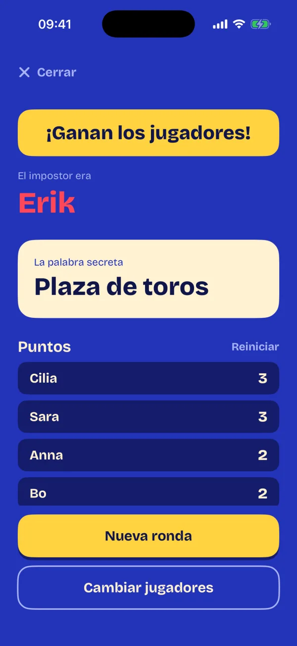 El resultado con la palabra secreta y la puntuación de cada jugador