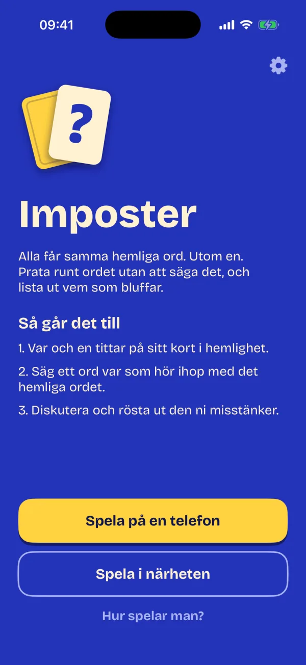 Imposters startsida med kortlogotypen och knappar för att spela på en telefon eller i närheten