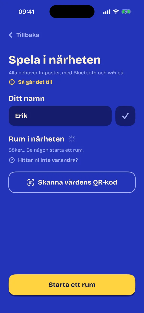 Spela i närheten: skriv ditt namn, hitta rum i närheten eller skanna värdens QR-kod