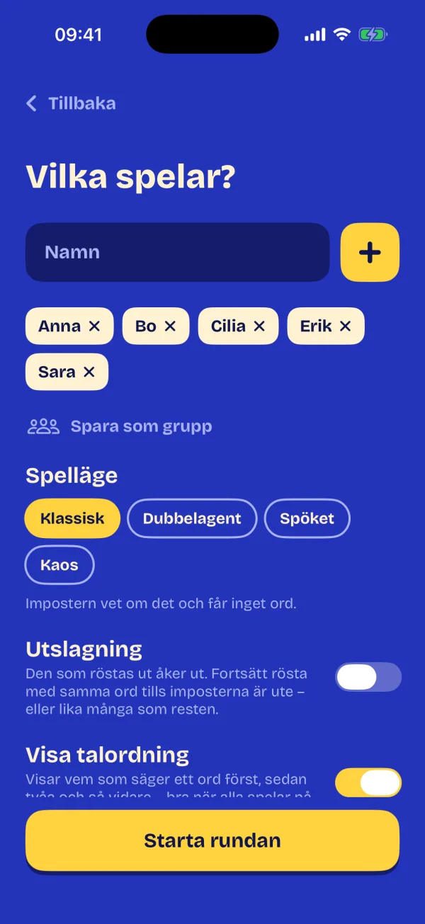 Inställningar för ett spel: fem spelare, de fyra spellägena, utslagning och turordning