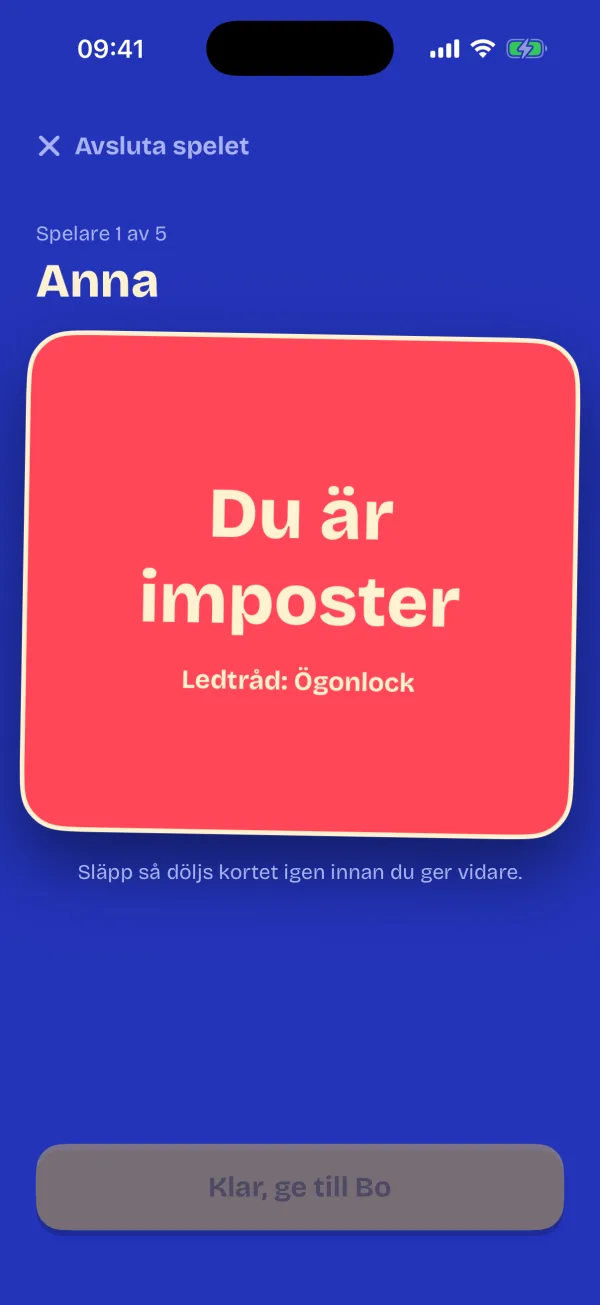 Imposterns kort, som säger Du är imposter och visar en ledtråd