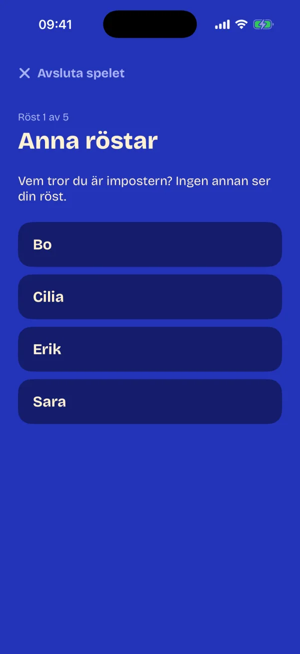 Hemlig röstning: en spelare väljer vem som är impostern