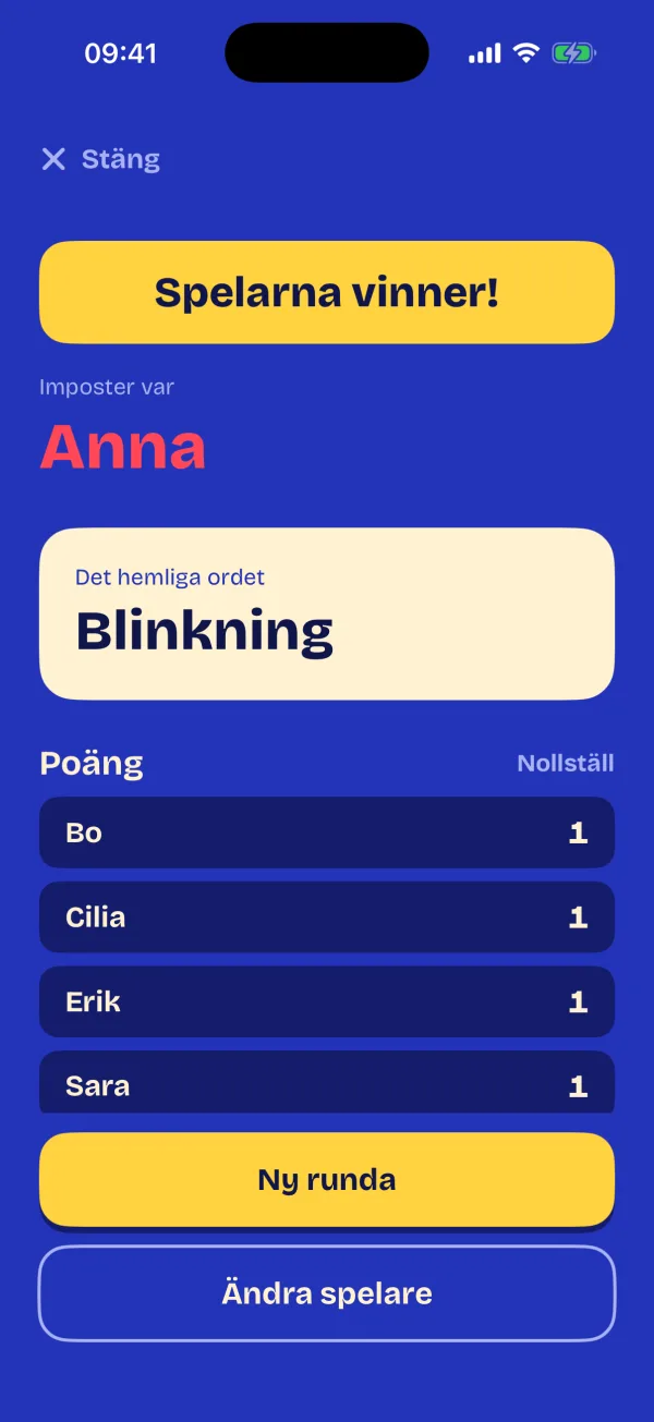 Resultatet med det hemliga ordet och poängen för varje spelare